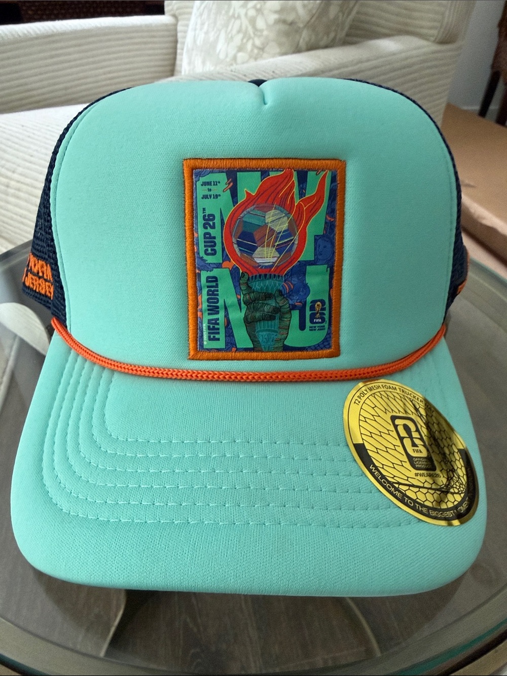 🆕FIFA World Cup Kids Foam Trucker Hat - Mint Green/Navy with Orange Trim
